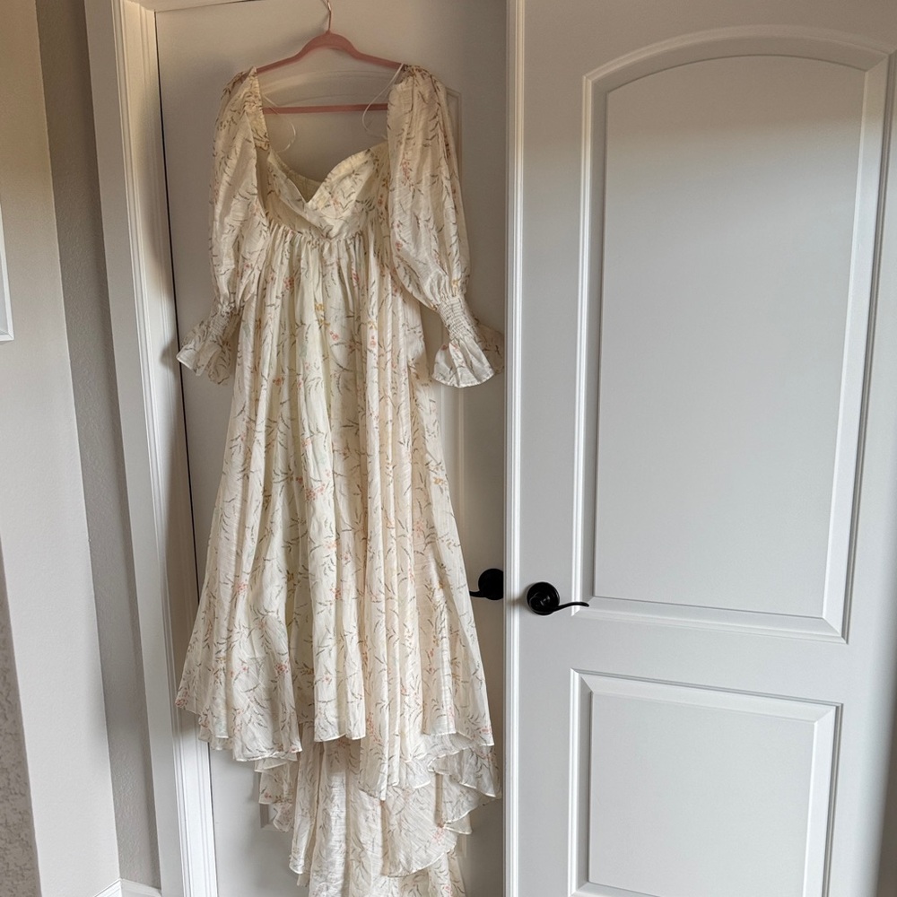 Worth Collective Delilah Ivory Floral Maxi Dress Gown with Puff Sleeves